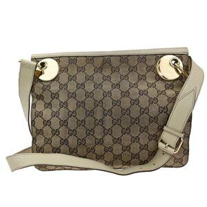 GUCCI Logo GG Pattern Crossbody Shoulder Bag Beige GHW Canvas Leather 05KB915